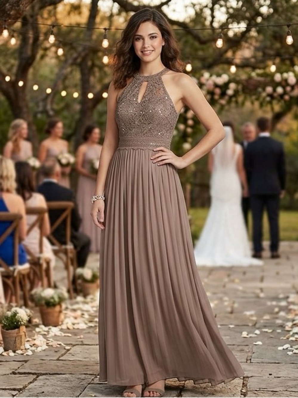 NW taupe halter high neck cutout formal dress sequin bodice Maxi size 8